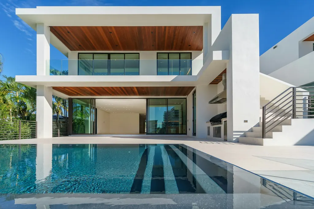 Modern white villa exterior with pool