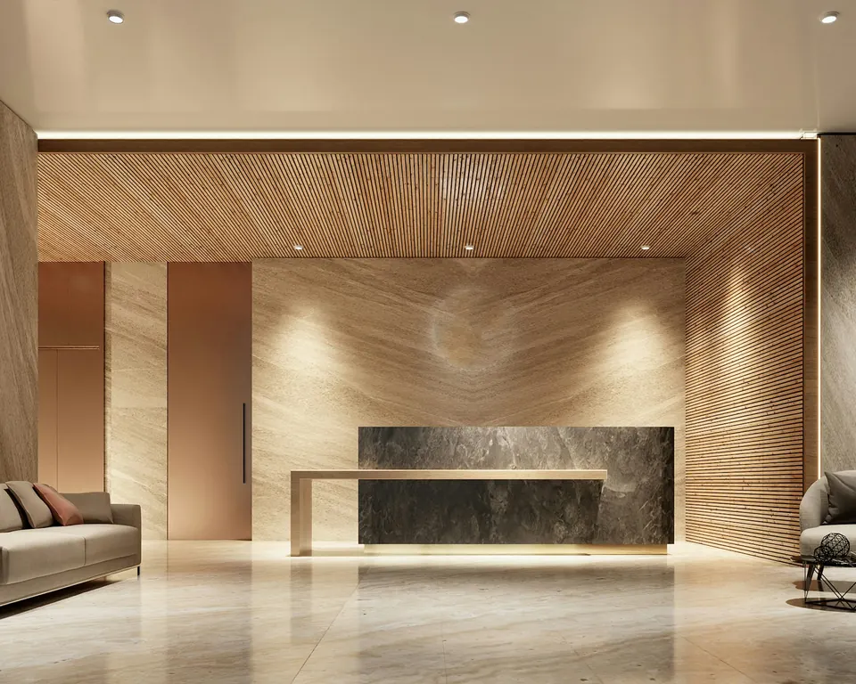 Finished commercial lobby with wood wall cladding, reception desk and cove-lit ceiling