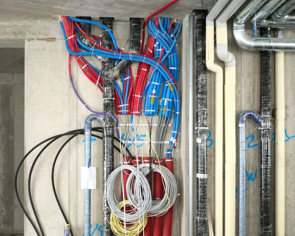 First-fix electrical conduits and plumbing pipes installed before the walls are closed